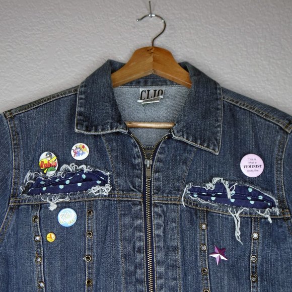 Upcycled Unique Denim Jean Clio Jacket Sz 10 w/ Pins Patches & Polka Dots - Picture 2 of 13